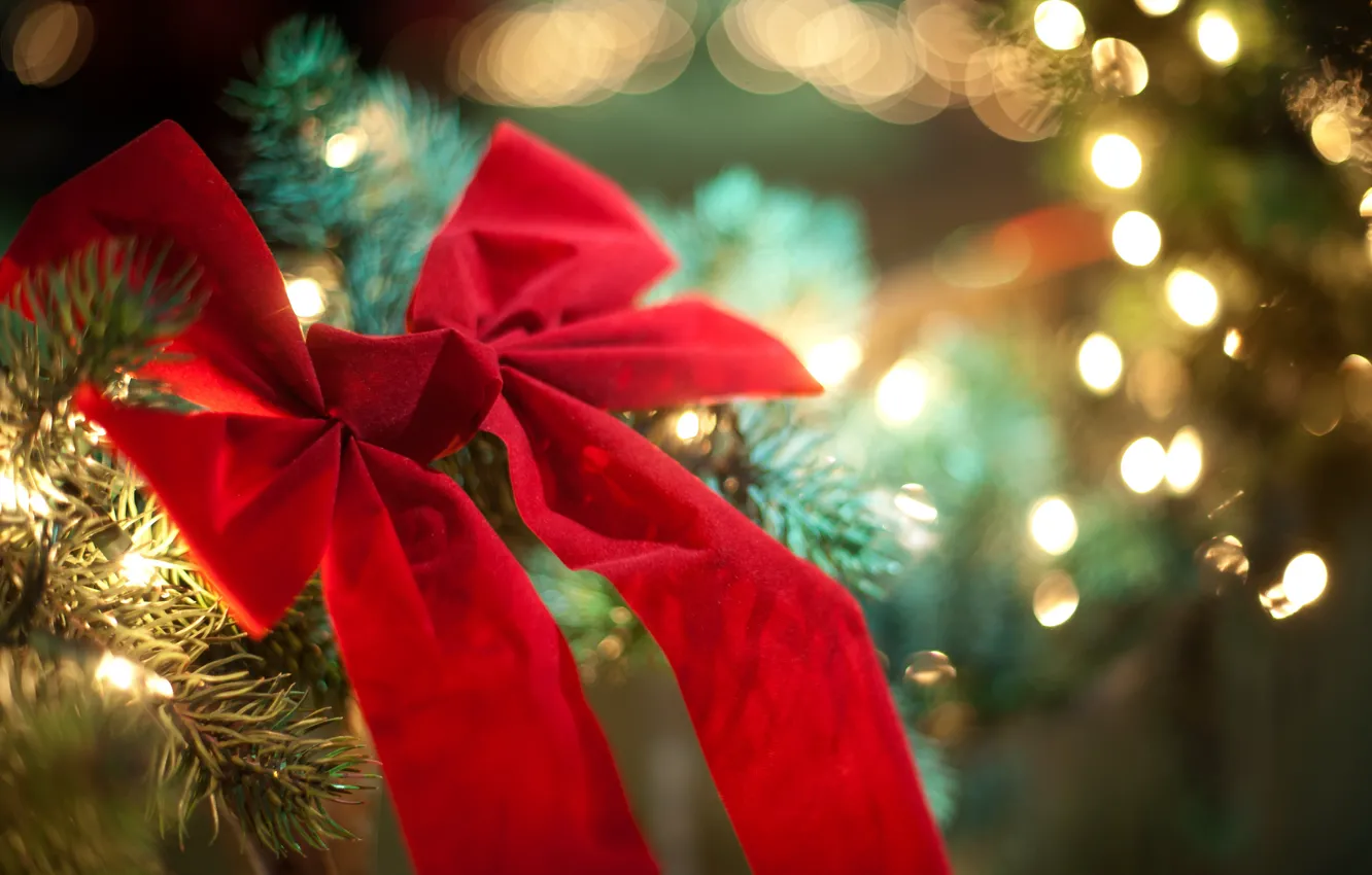 Photo wallpaper red, lights, tree, new year, Christmas, bow