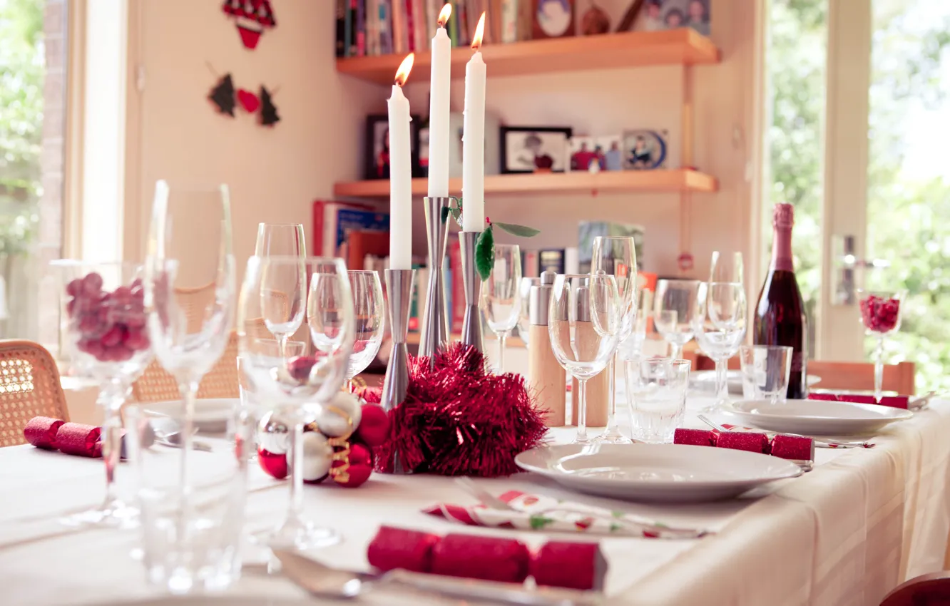 Photo wallpaper table, glass, candles, devices, champagne, serving