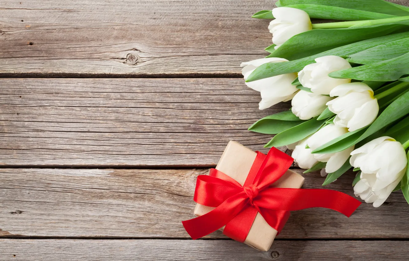 Photo wallpaper flowers, bouquet, tulips, white, wood, flowers, tulips, spring