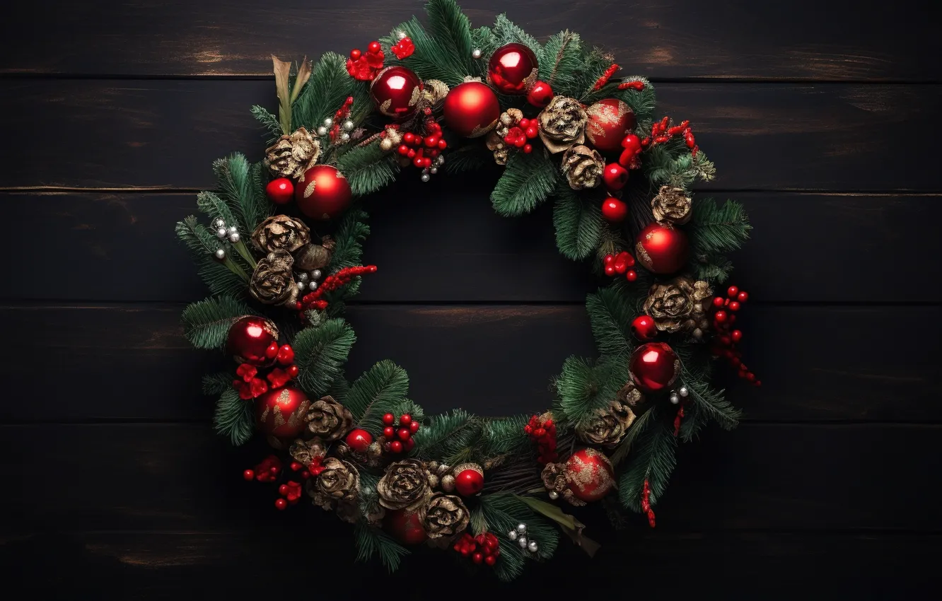 Photo wallpaper decoration, the dark background, balls, new year, colorful, Christmas, red, Christmas