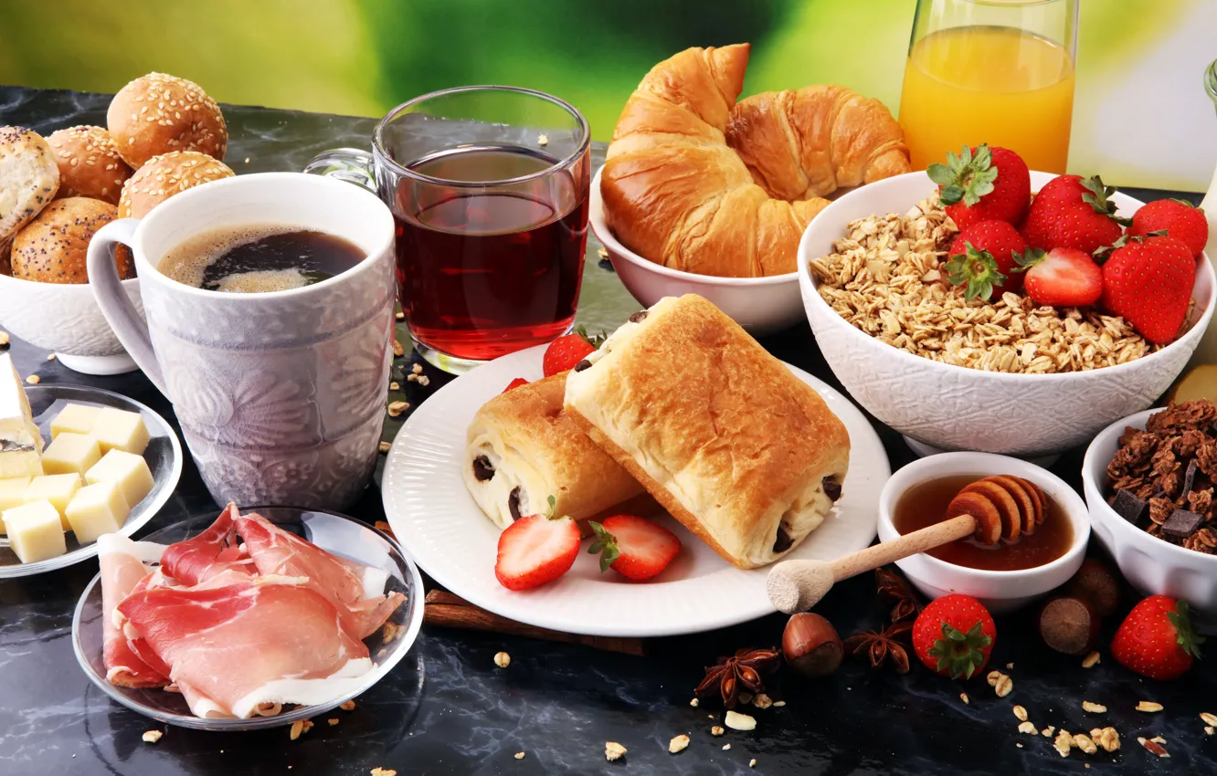 Photo wallpaper berries, tea, coffee, Breakfast, cheese, juice, bacon, buns