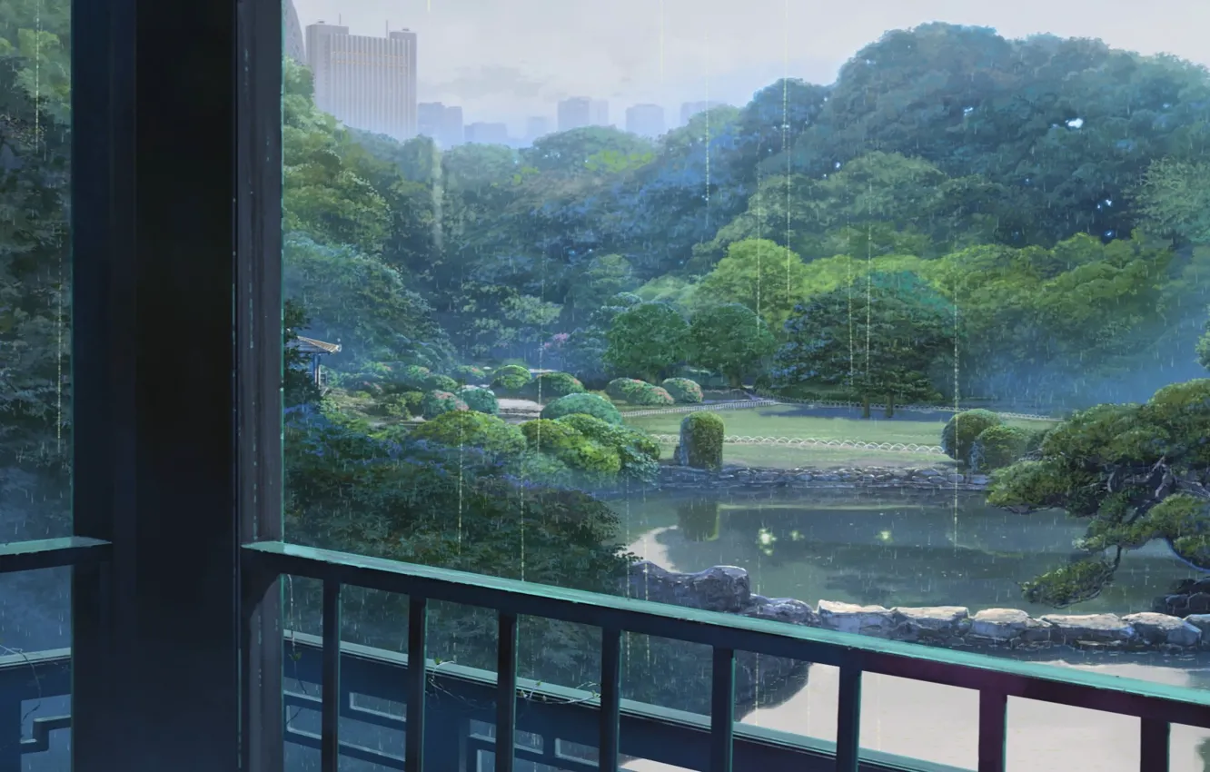 Photo wallpaper Drops, Lake, Trees, Rain, Building, Park, Anime, Makoto Xingkai