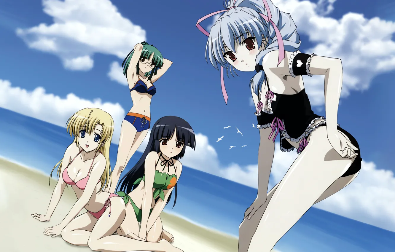 Photo wallpaper sexy, cleavage, beach, blouse, long hair, legs, sea, girls