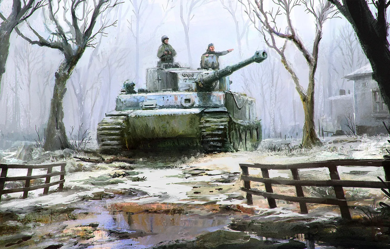 Photo wallpaper winter, snow, tiger, art, tank, tiger, the Germans, the Nazis