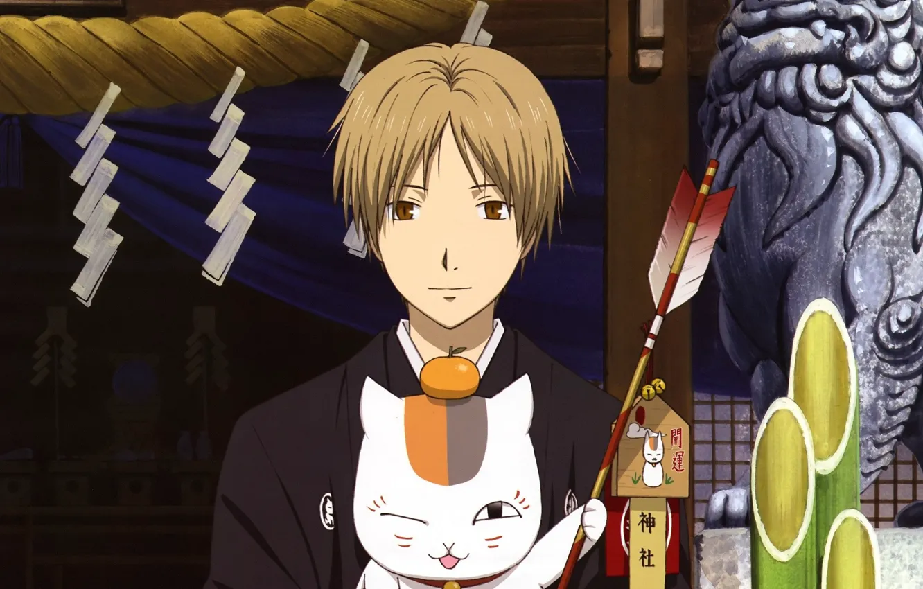 Photo wallpaper cat, temple, statue, guy, amulet, arrows, wink, tangerines