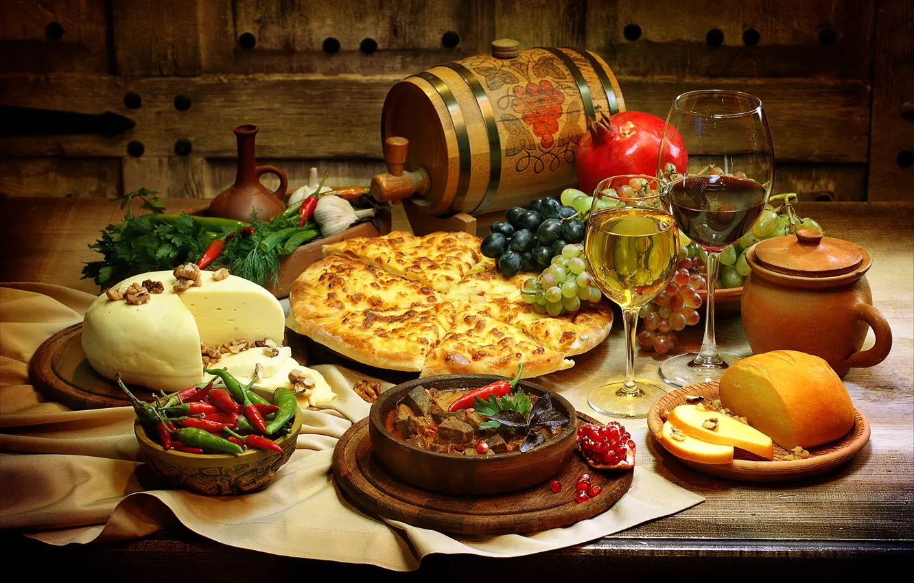 Photo wallpaper greens, table, wine, cheese, glasses, grapes, pepper, vegetables