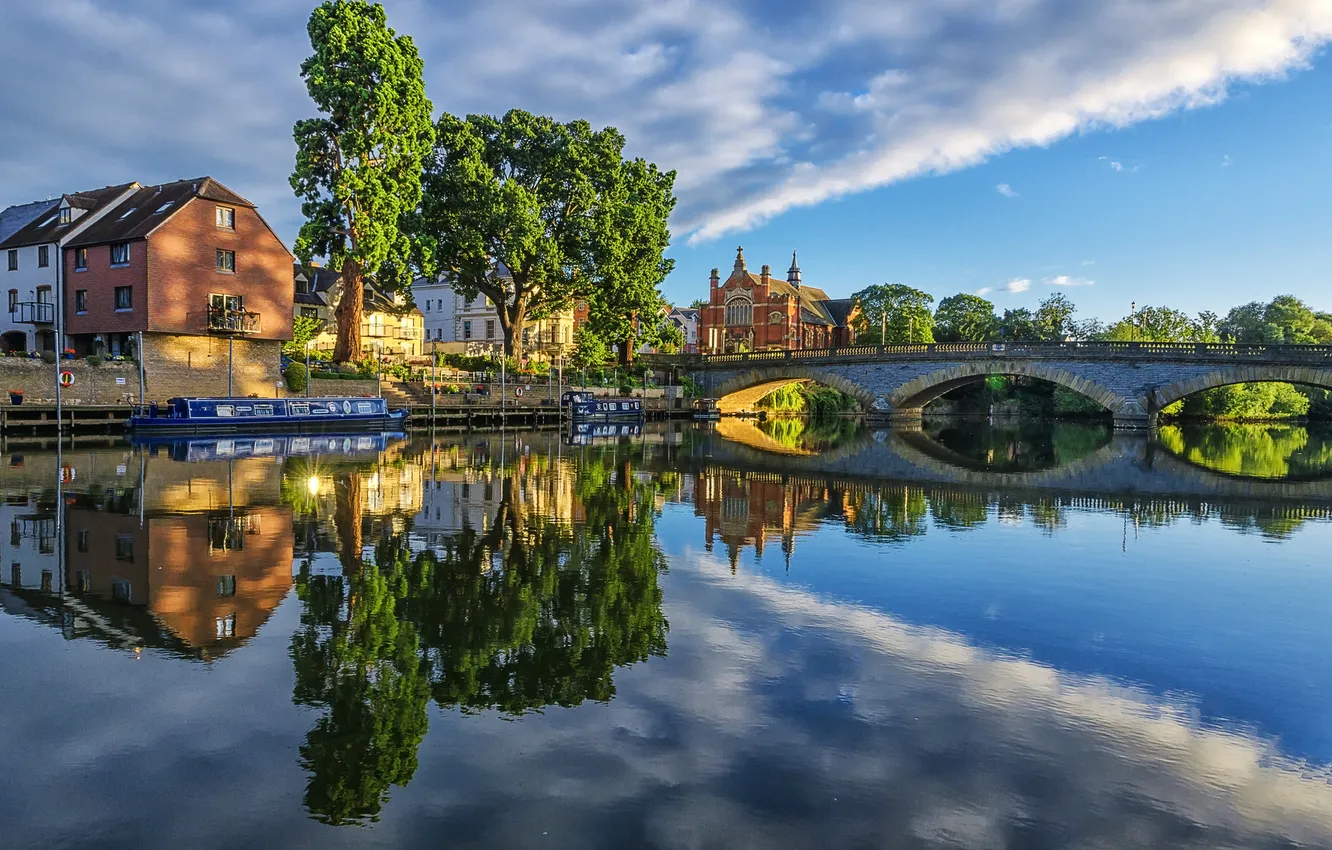 Photo wallpaper the sky, trees, bridge, the city, river, home