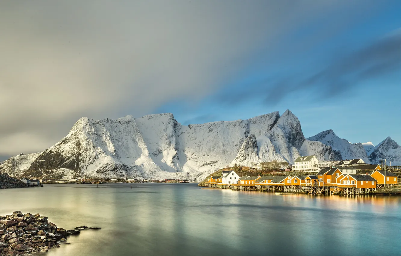 Photo wallpaper the sky, mountains, shore, coast, home, Norway