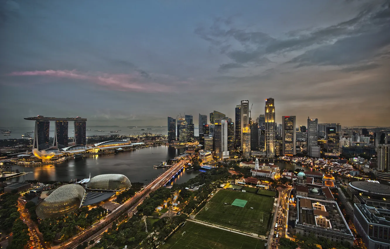 Photo wallpaper road, bridge, home, the evening, panorama, the hotel, skyscrapers, Singapore