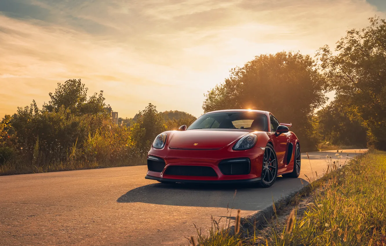 Photo wallpaper car, Porsche, road, field, sunlight, GT4, headlights, Taillights