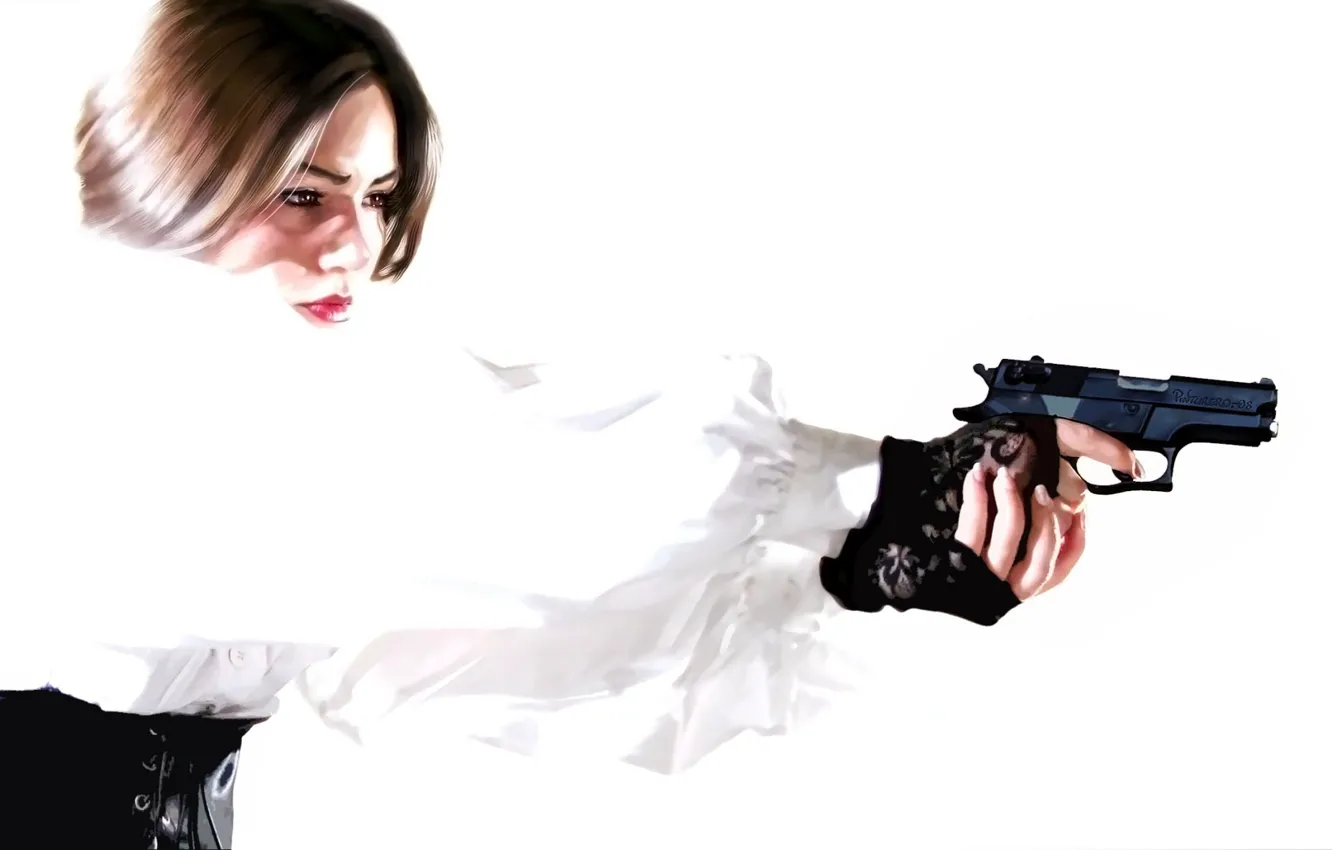 Photo wallpaper girl, gun, white blouse