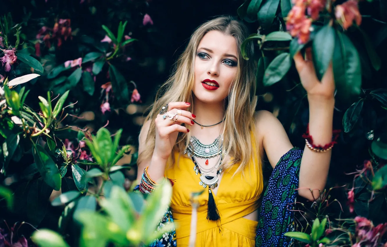 Photo wallpaper look, leaves, girl, decoration, branches, makeup, scarf, dress