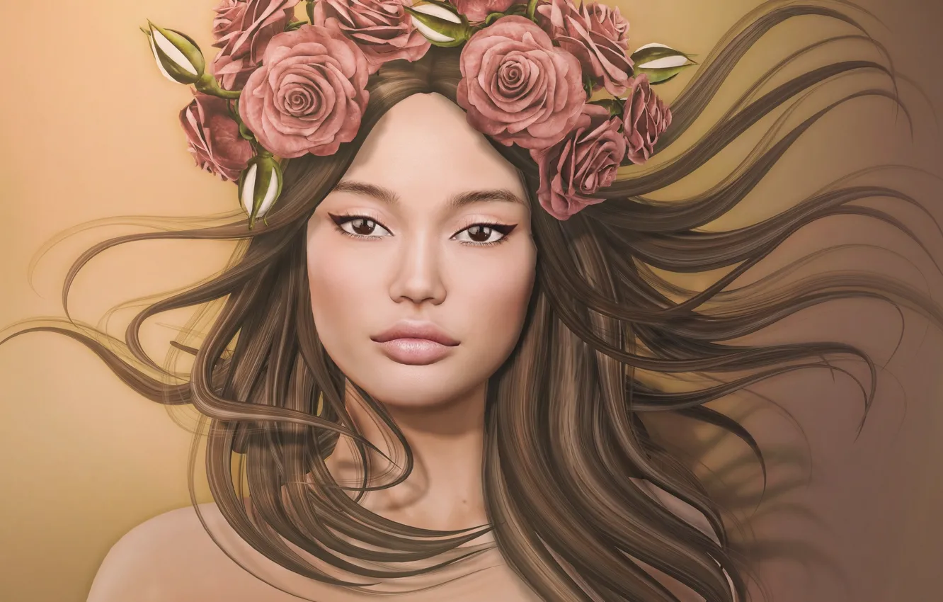 Photo wallpaper girl, flowers, face