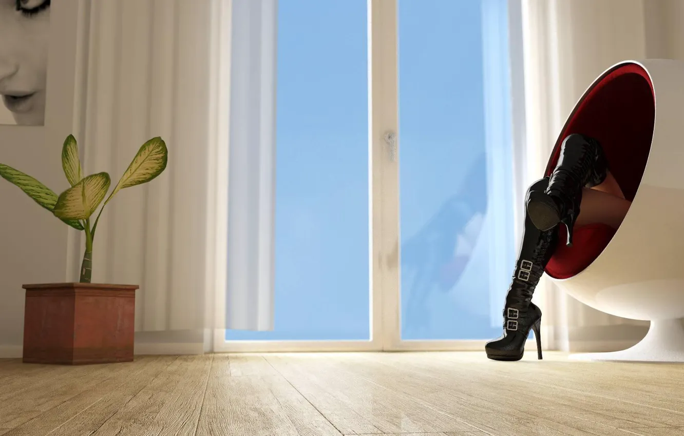 Photo wallpaper girl, photo, feet, plant, the door, window