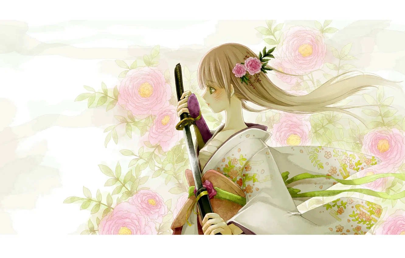 Photo wallpaper girl, flowers, katana, kimono, white hair, sheath
