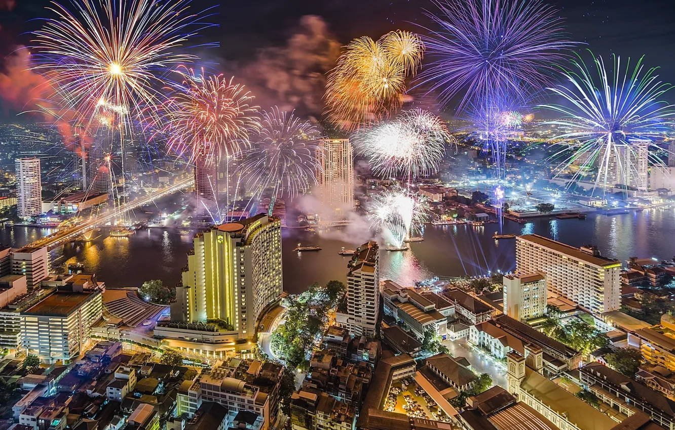 Photo wallpaper night, the city, building, Thailand, Thailand, Bangkok, fireworks