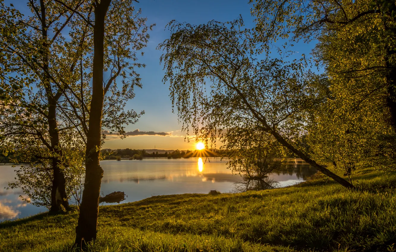 Photo wallpaper the sky, the sun, trees, lake, dawn, shore, Croatia, Lake Oresje
