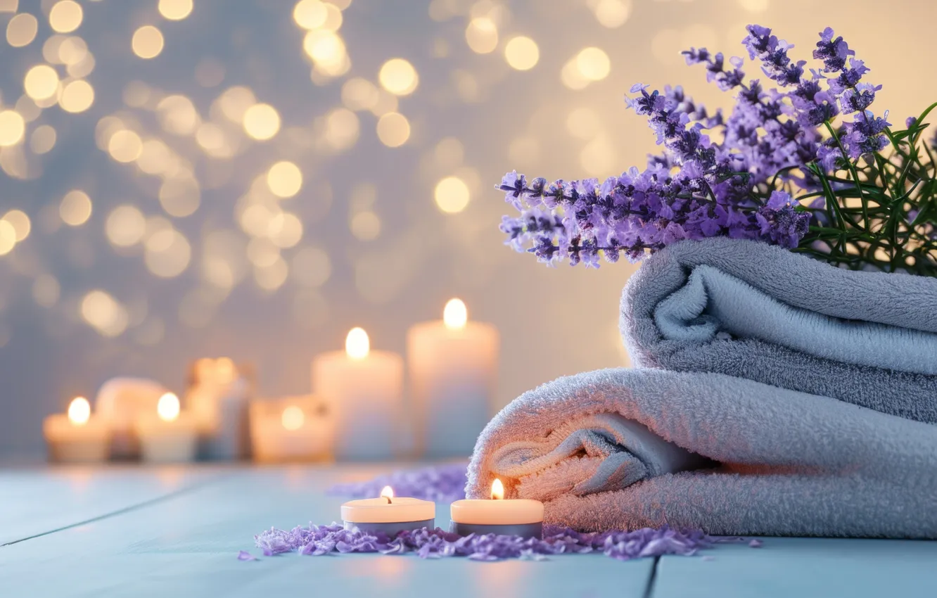 Photo wallpaper flowers, towel, candles, AI art, neural network