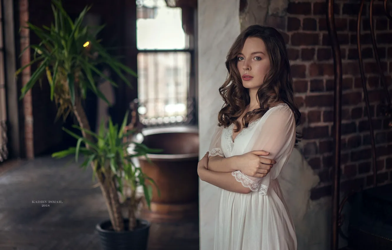 Photo wallpaper look, pose, wall, model, plant, portrait, brick, hands