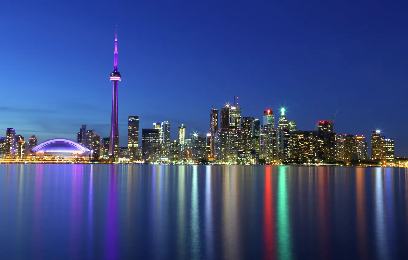 Photo wallpaper lake, reflection, Canada, Toronto, blue sky, lake Ontario, CN Tower