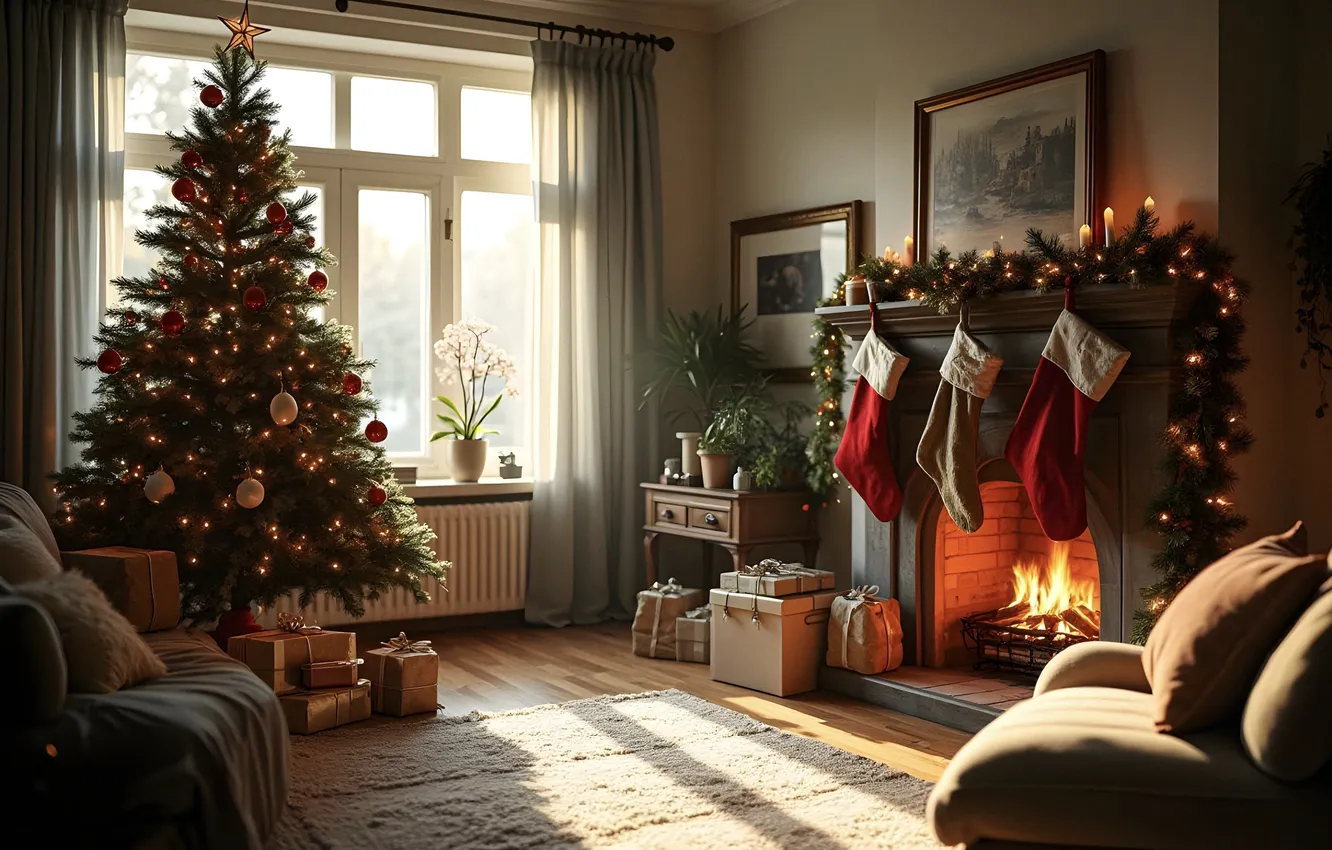 Photo wallpaper room, tree, new year, interior, Christmas, fireplace, Christmas, view