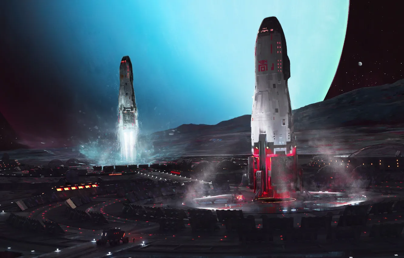 Photo wallpaper Planet, Ships, Space, Spaceships, Spaceship, Satellite, Start, Planet