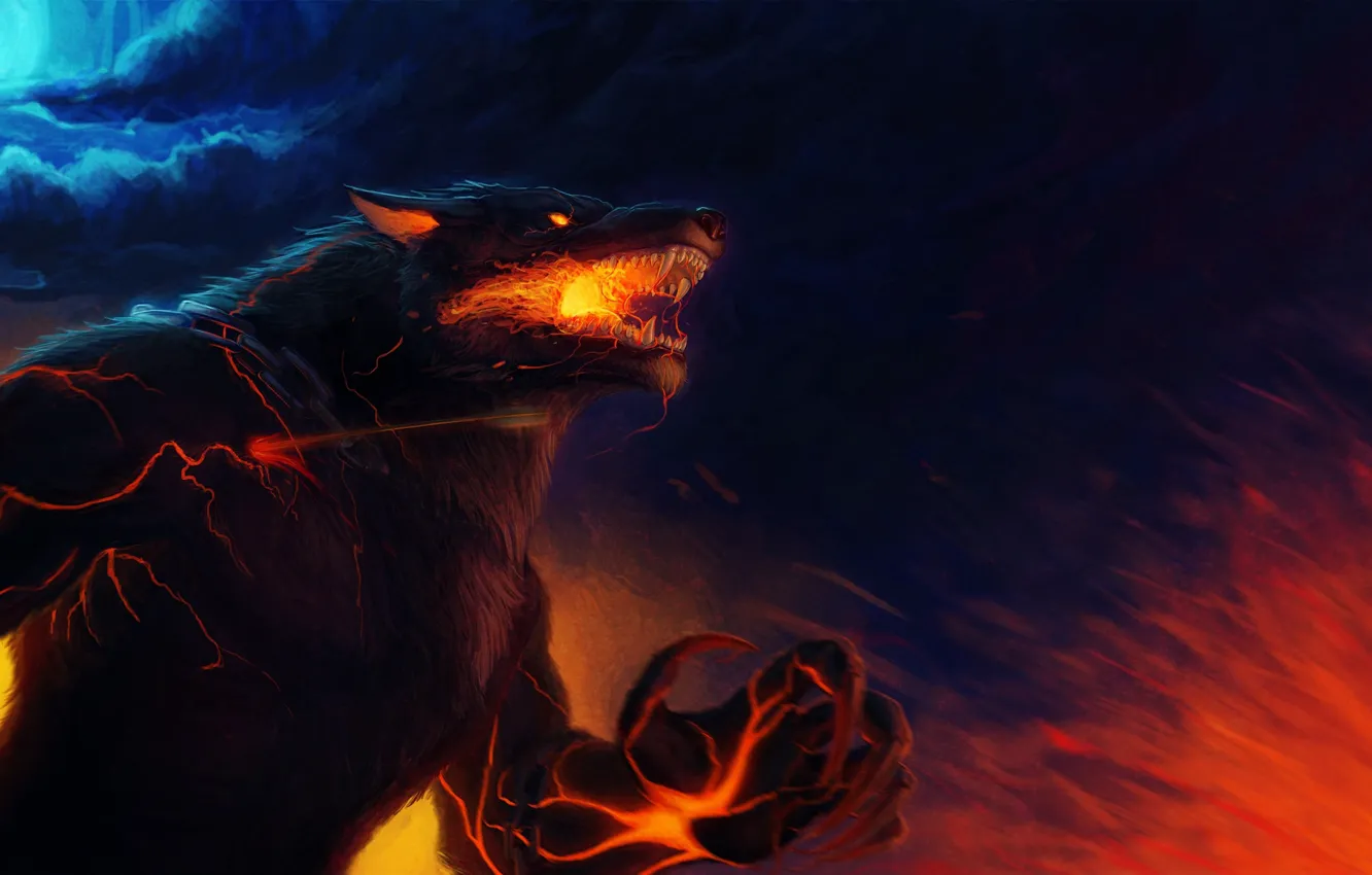 Photo wallpaper flame, wolf, predator, wool, rage, mouth, claws, fangs