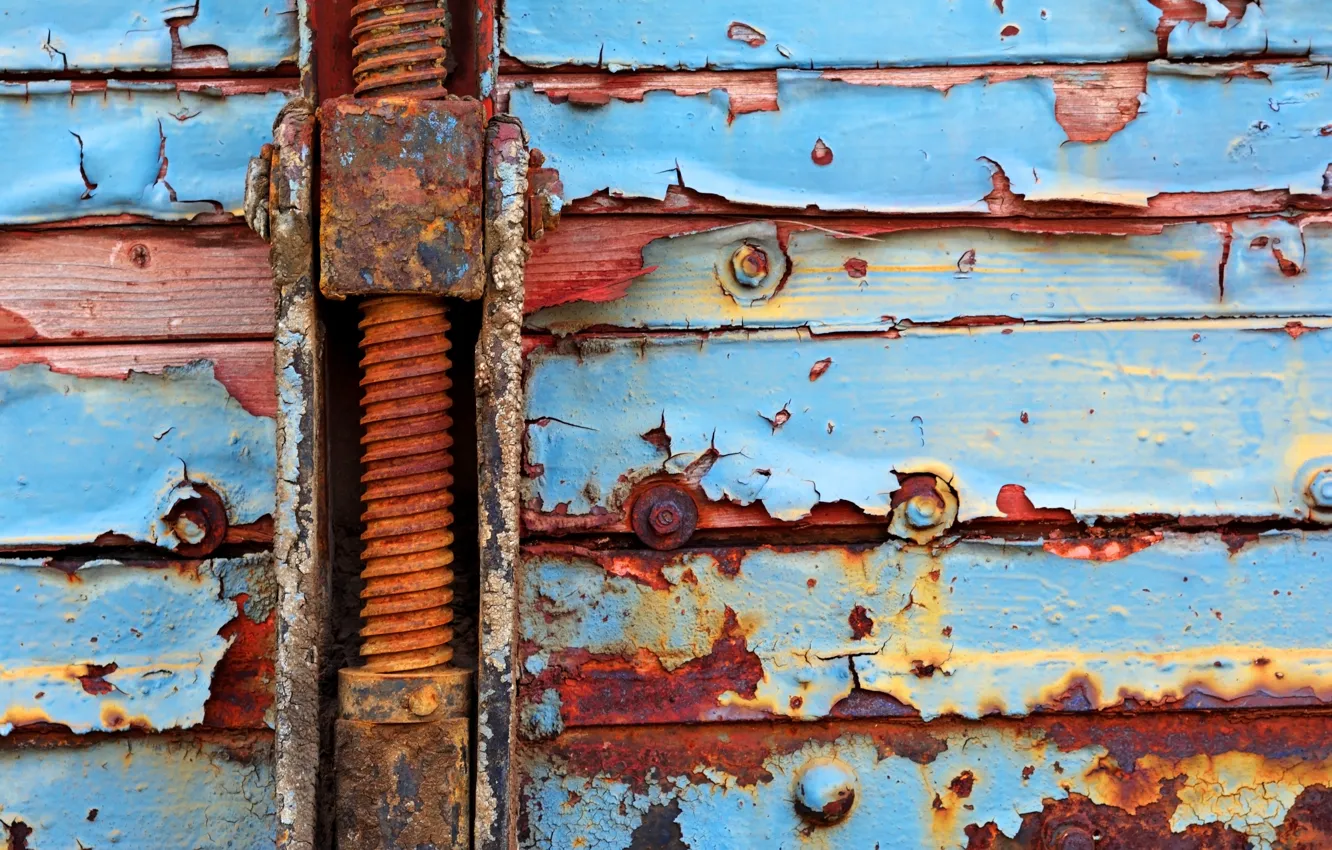 Photo wallpaper metal, red, wood, paint, cyan, rust