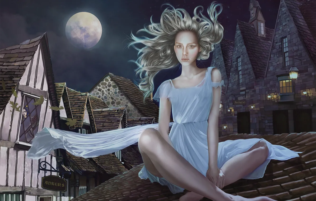 Photo wallpaper girl, night, the city, the moon, home, on the roof