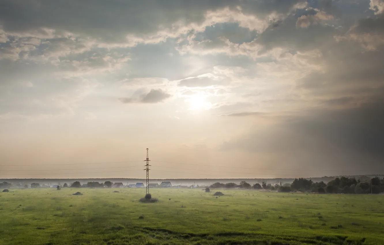 Photo wallpaper field, grass, the sun, rays, posts, wire, oloka
