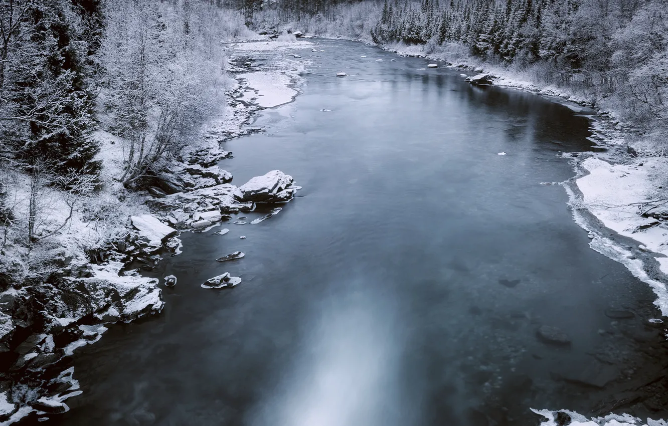 Photo wallpaper river, winter, snow