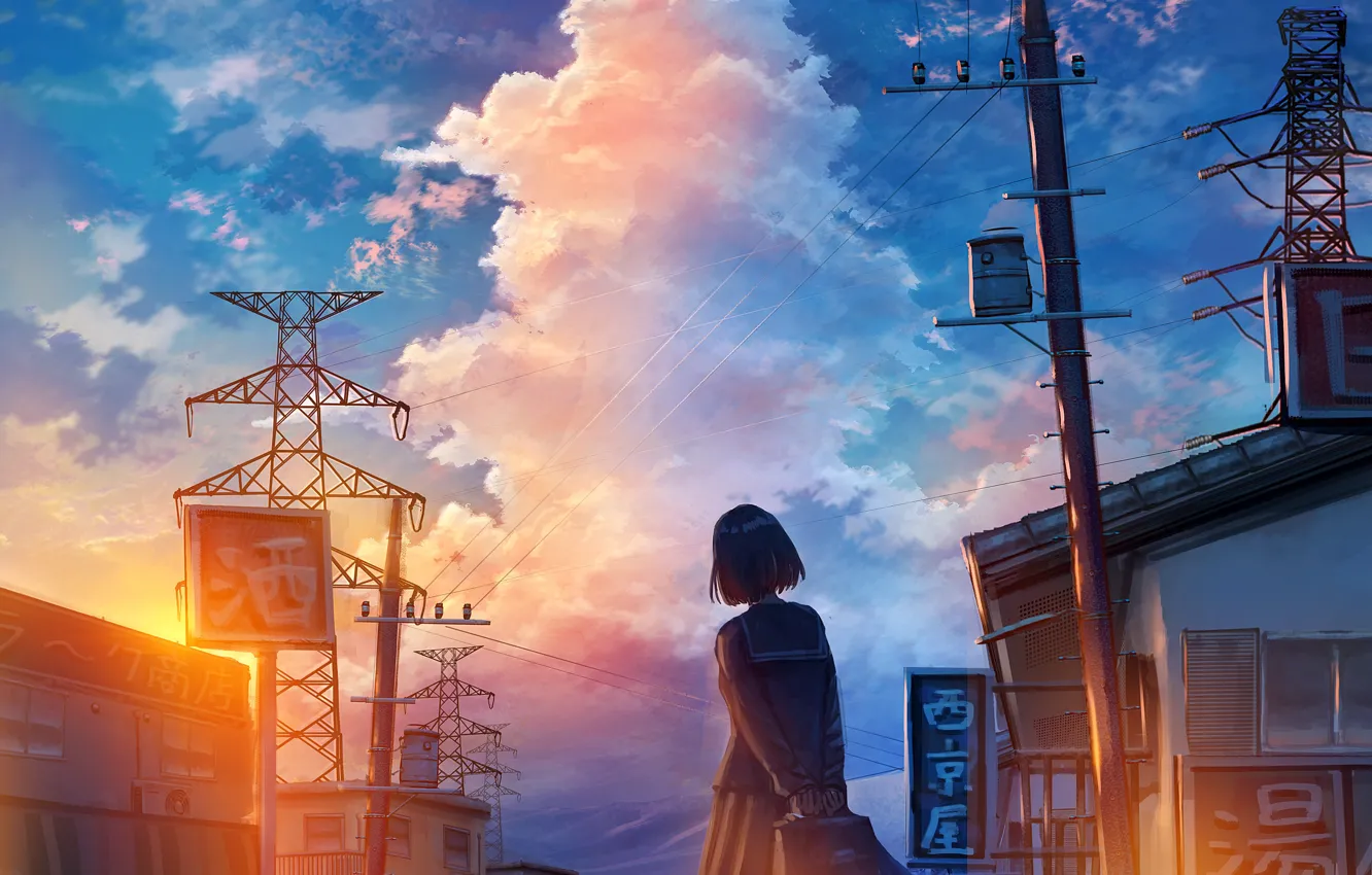 Photo wallpaper sunset, street, schoolgirl