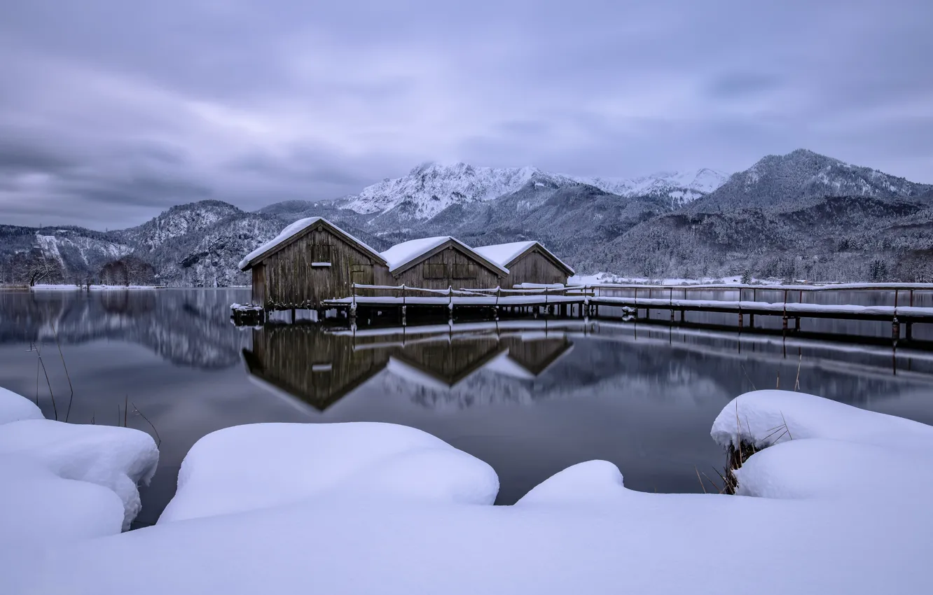 Photo wallpaper winter, mountains, lake