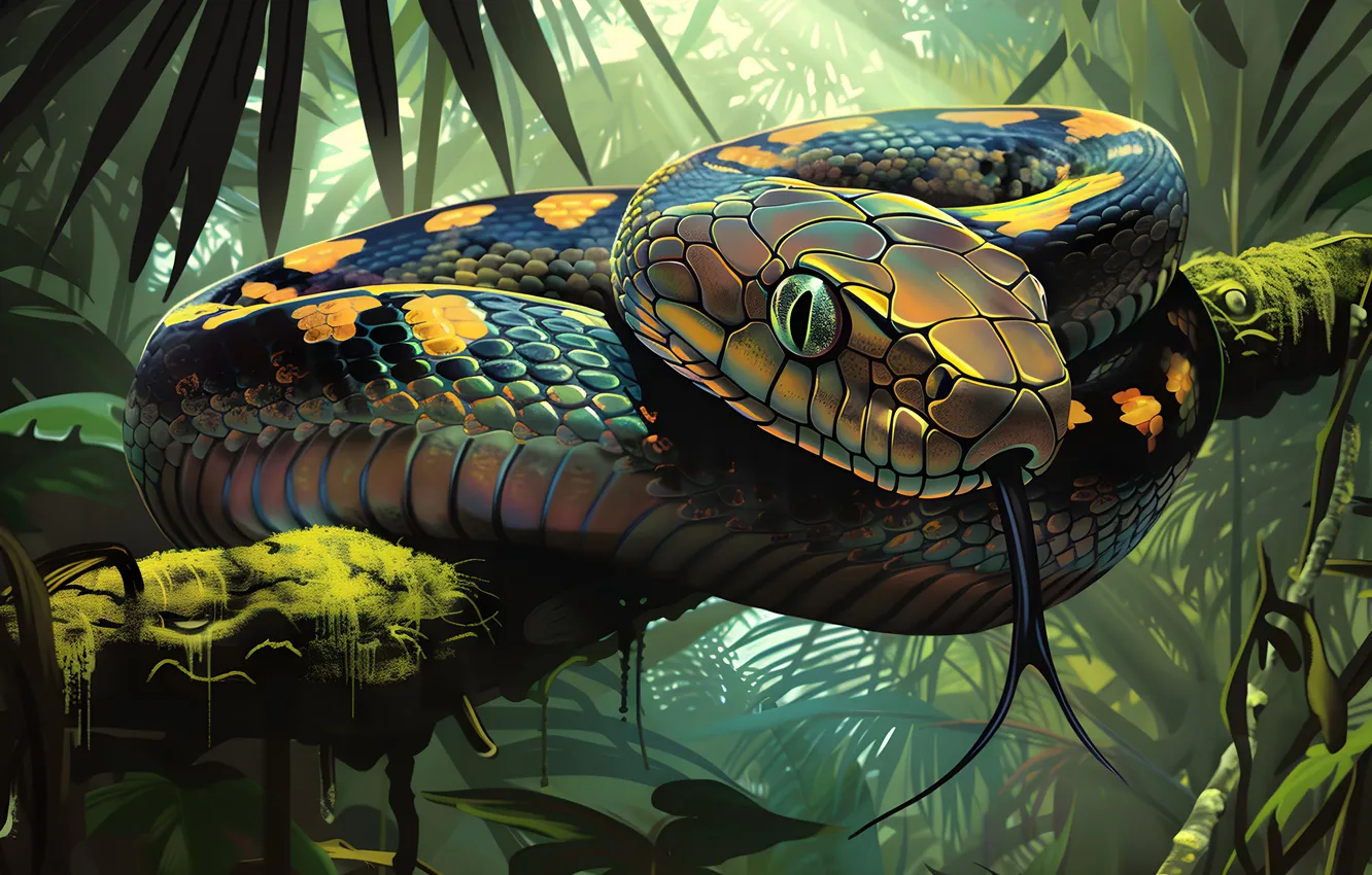 Photo wallpaper Tree, Language, Look, Snake, Face, Jungle, Art, Reptile