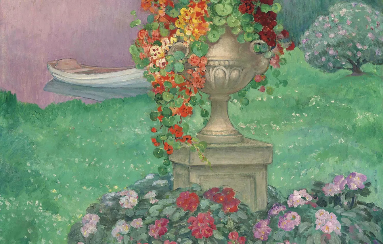 Photo wallpaper landscape, flowers, pond, Park, boat, picture, garden, vase