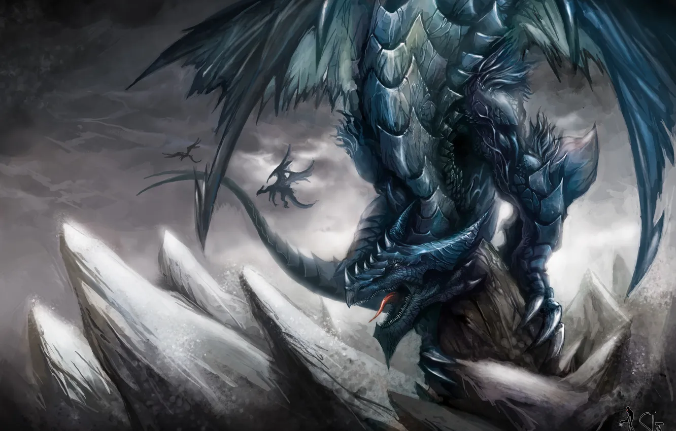 Photo wallpaper rocks, dragon, wings, art, peak, giant, past