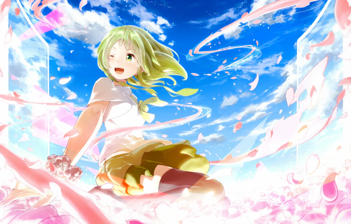 Photo wallpaper the sky, girl, clouds, smile, anime, petals, art, vocaloid