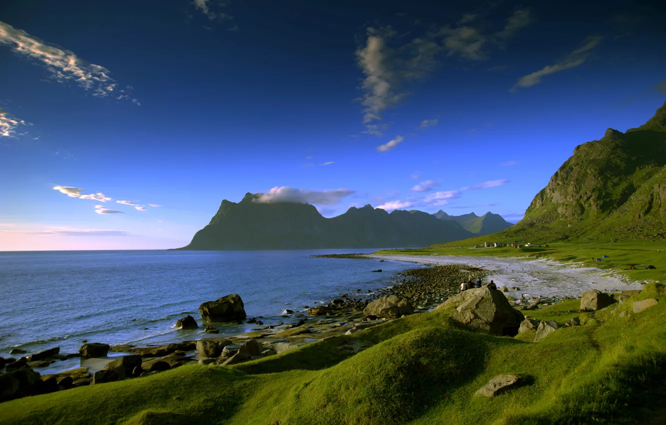 Photo wallpaper sand, sea, grass, water, mountains, shore, coast, mountain
