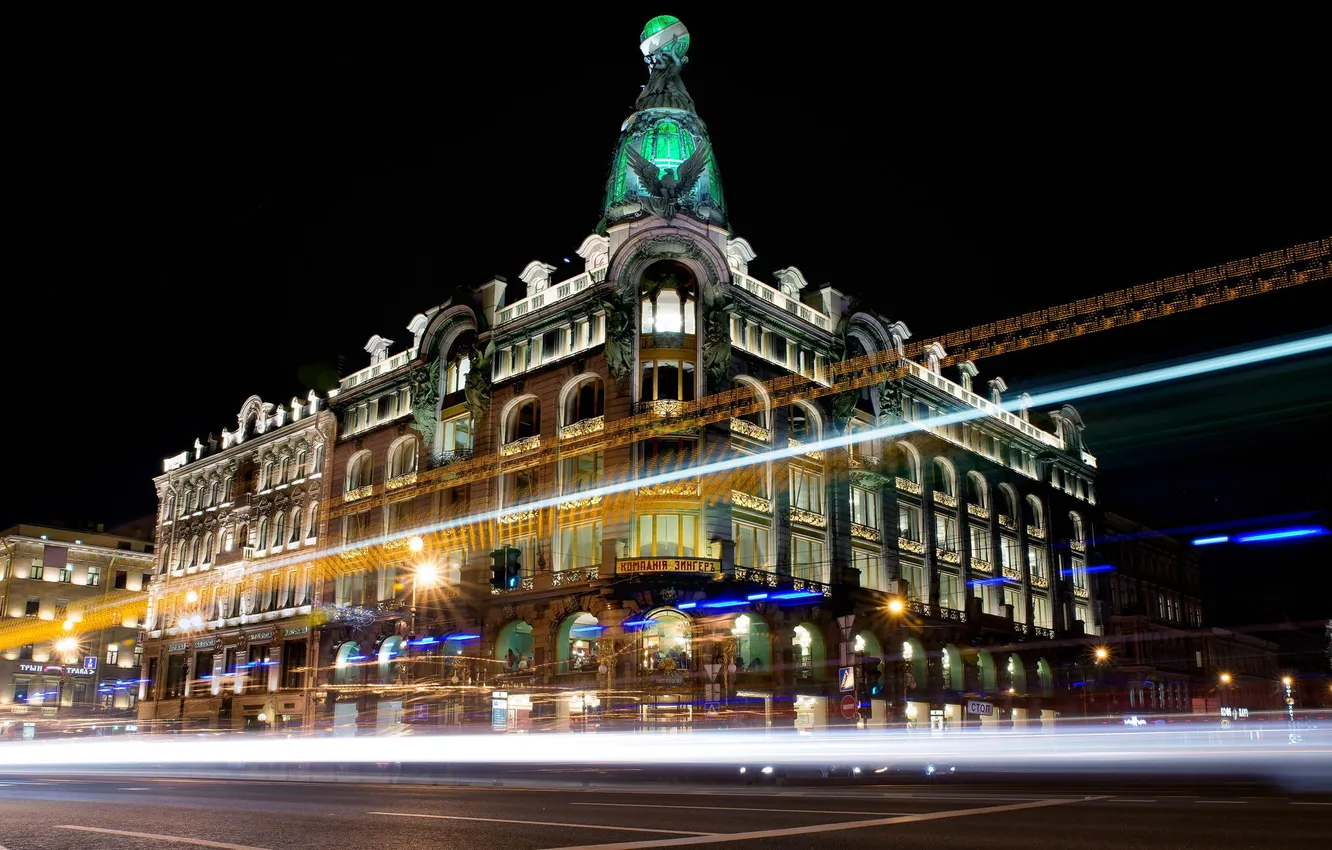 Photo wallpaper night, street, Peter, Saint Petersburg, Russia, St. Petersburg, Nevsky Prospekt, Singer