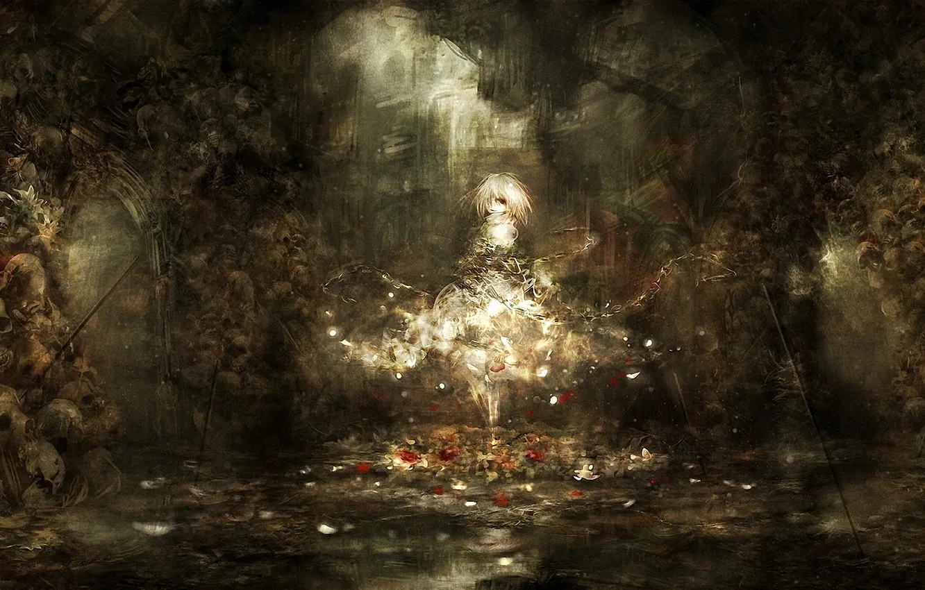 Photo wallpaper girl, lights, the darkness, skull, petals, chain, blonde