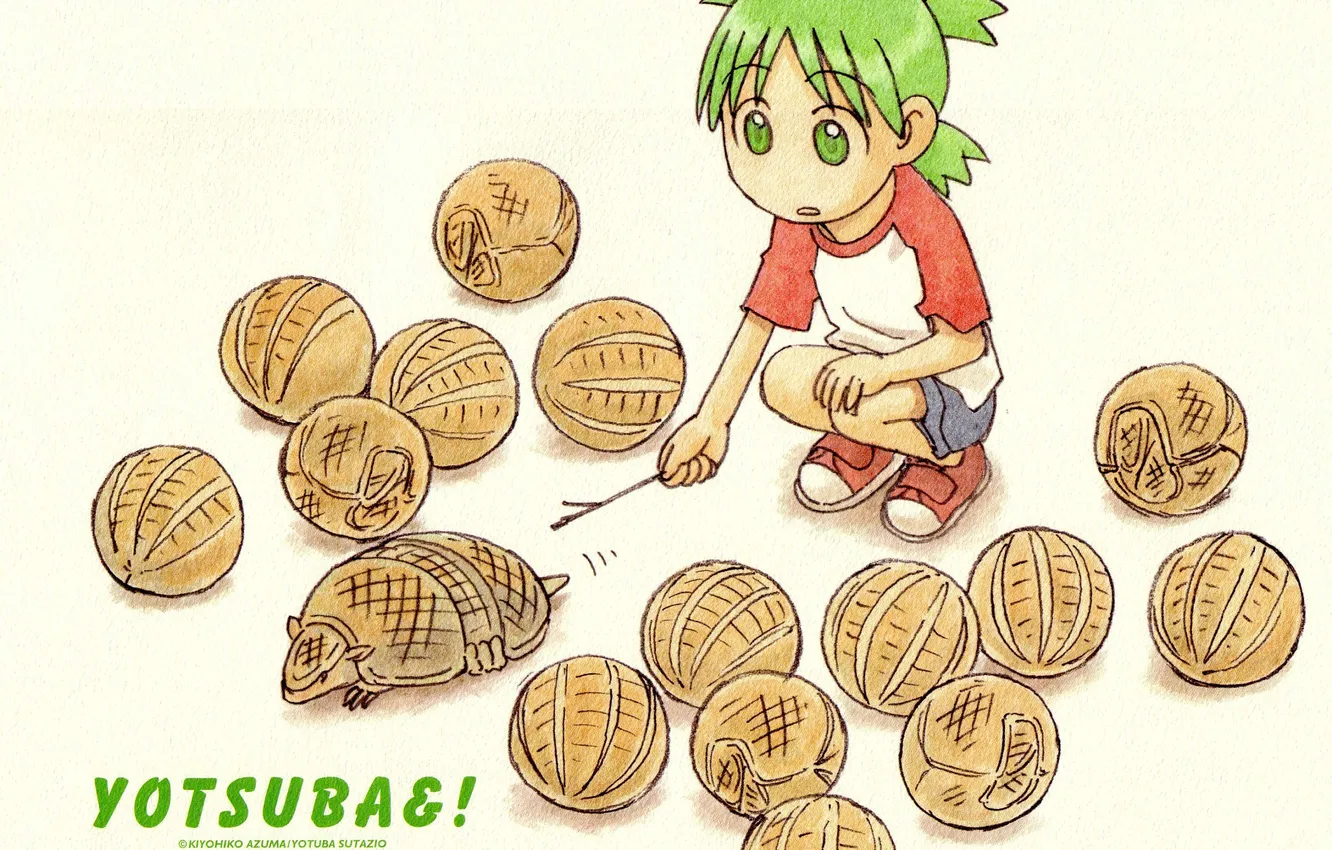 Photo wallpaper the ball, surprise, green hair, a lot, battleship, sneakers, Yotsubato, by Kiyohiko Azuma