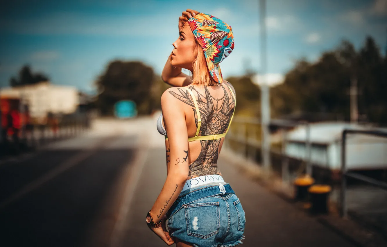 Photo wallpaper girl, style, shorts, back, tattoo, cap, baseball cap