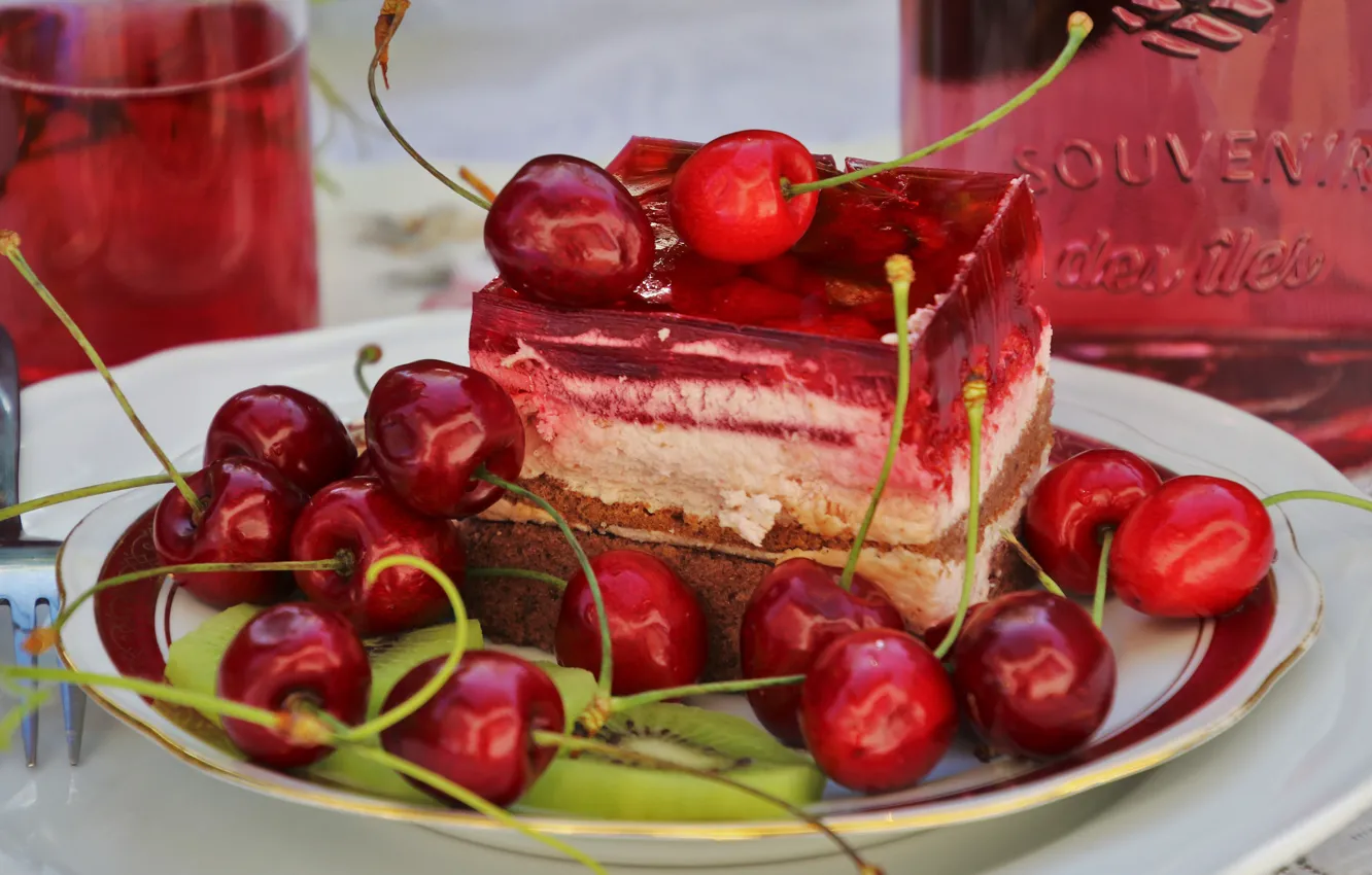 Photo wallpaper cherry, glass, berries, bottle, food, kiwi, juice, plate