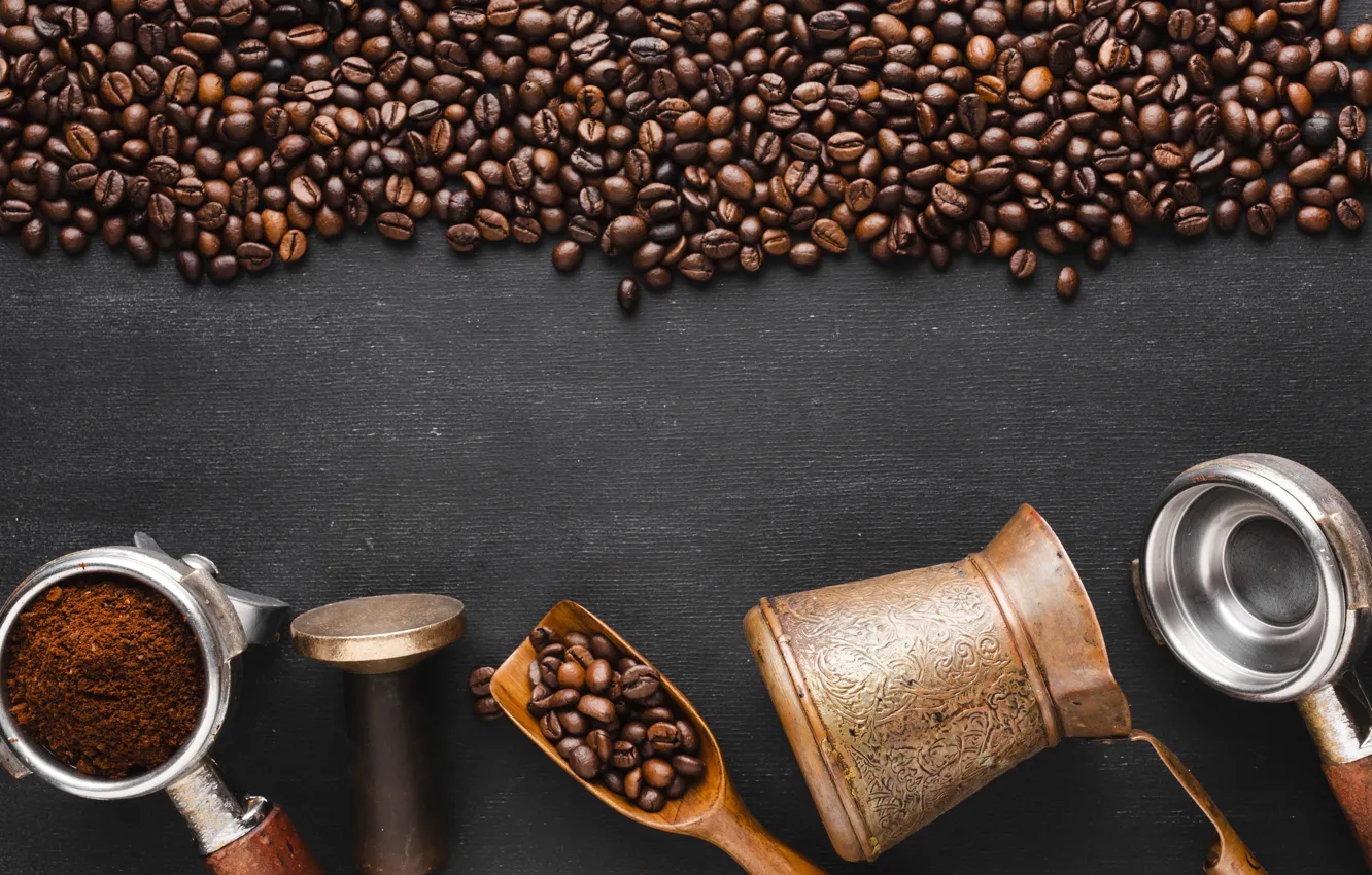 Photo wallpaper coffee, hammer, dishes, placer, grey background, coffee beans, Turk, scoop