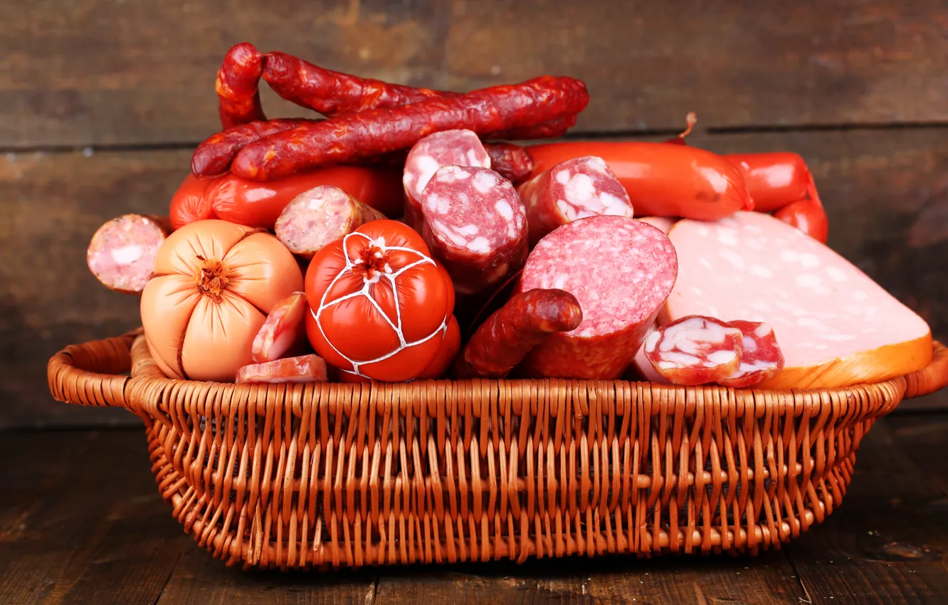 Photo wallpaper photo, Basket, Food, Sausage, Meat products