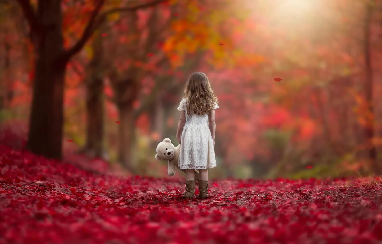 Photo wallpaper autumn, leaves, toy, girl, Never Alone