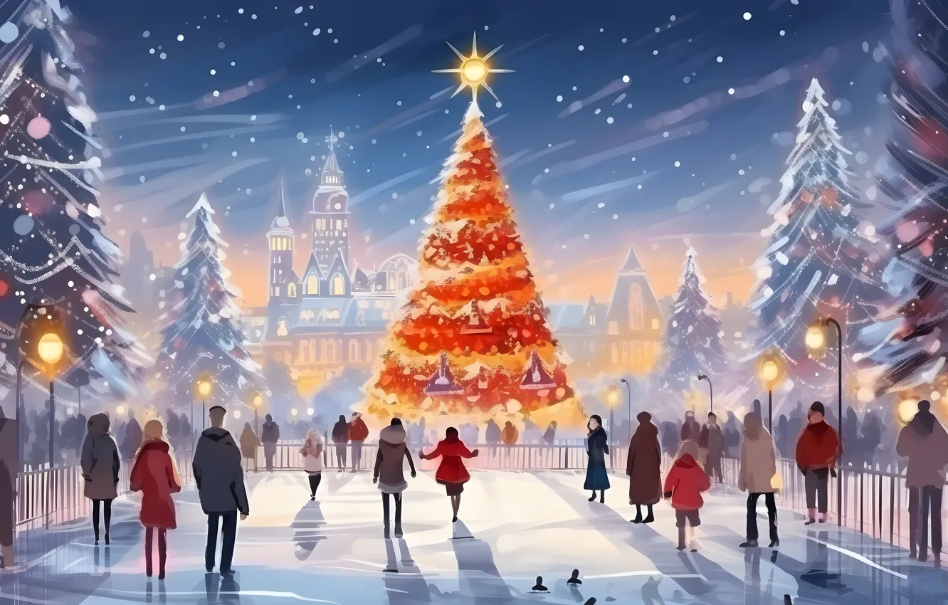 Photo wallpaper winter, lights, people, tree, new year, home, the evening, Christmas