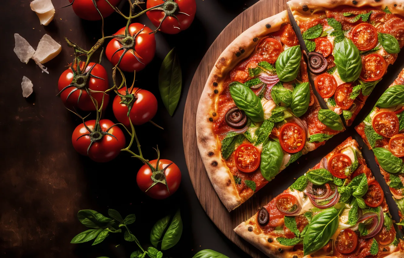 Photo wallpaper pizza, tomatoes, tomatoes, Basil