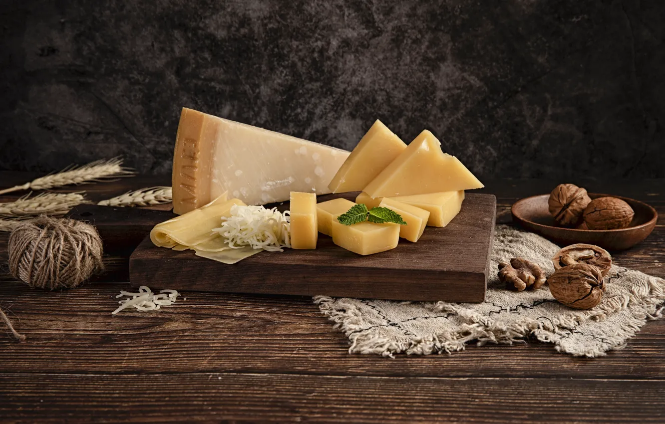 Photo wallpaper the dark background, Board, food, cheese, pieces, ears, nuts, thread