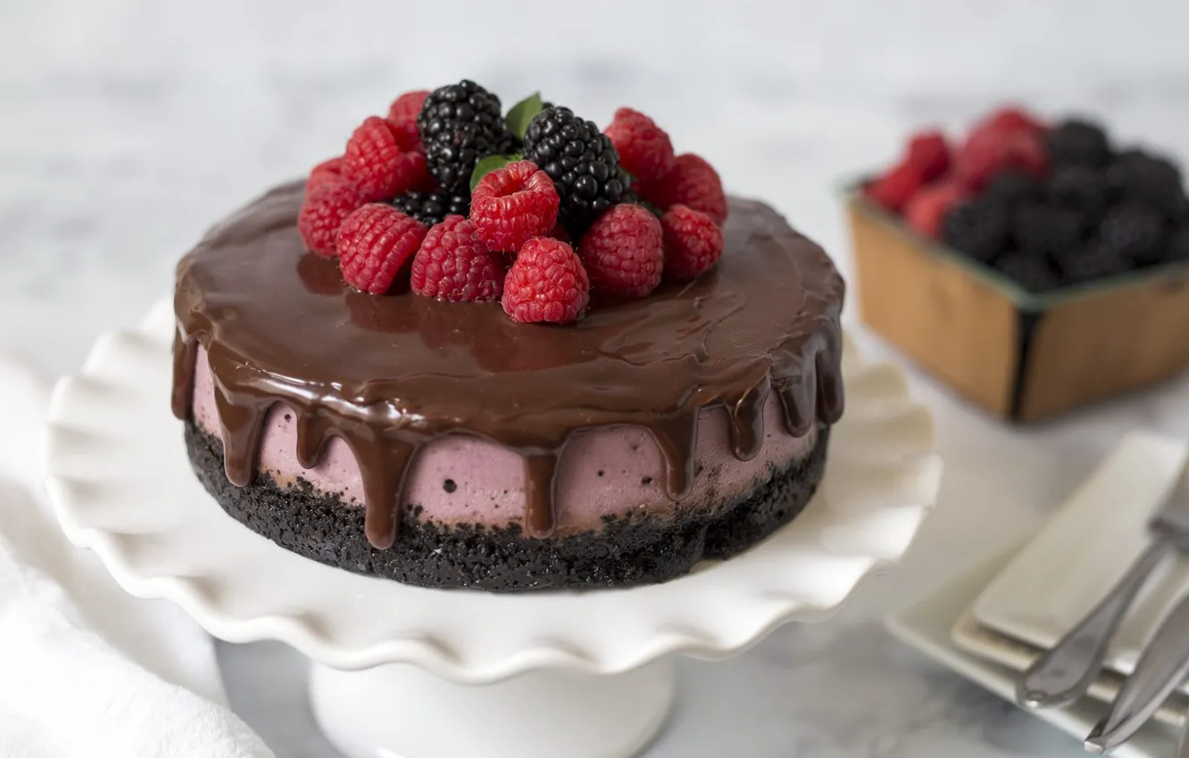 Photo wallpaper berries, raspberry, chocolate, cake